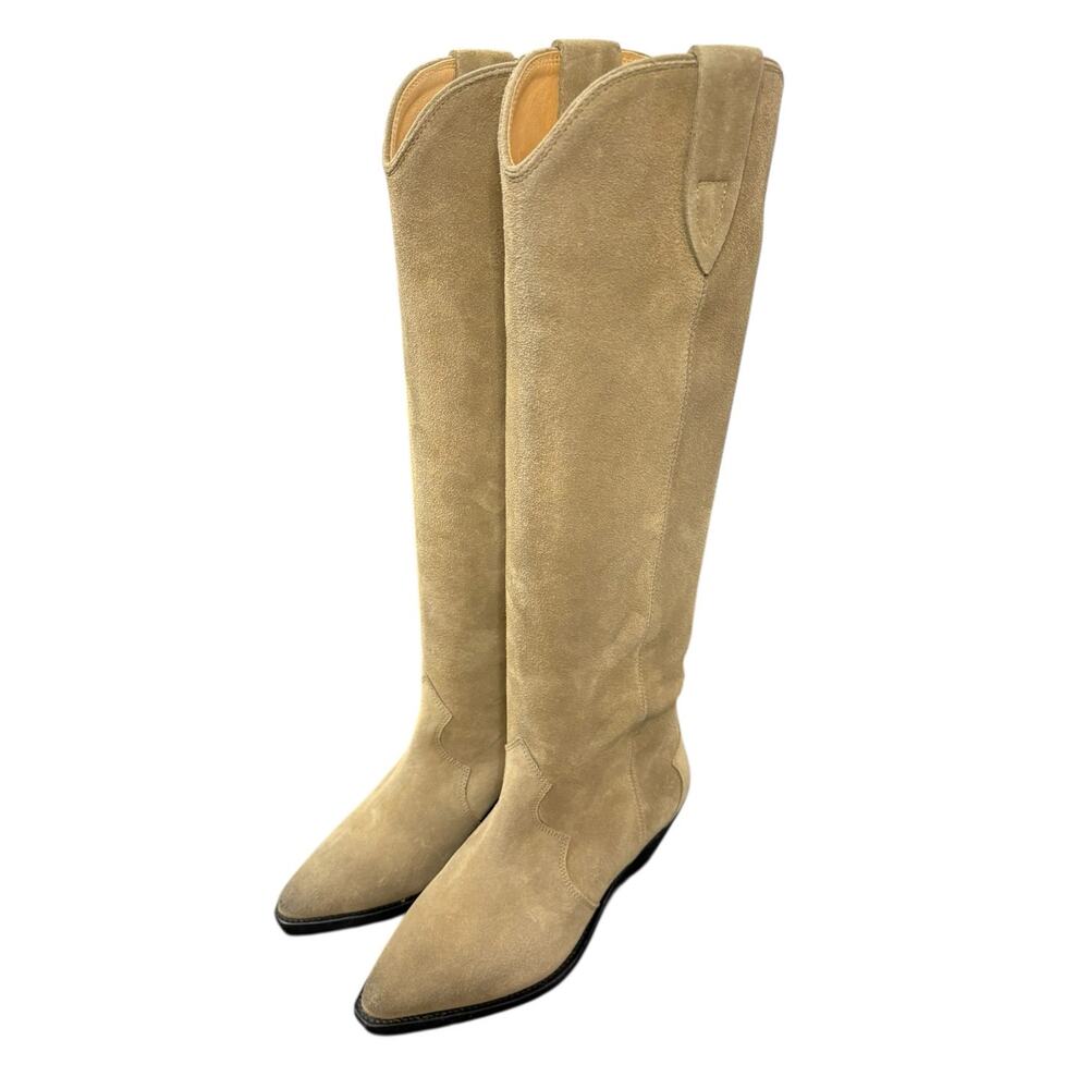 Isabel Marant Denvee Boots Suede Knee High Cowboy Pointed Toe Western Taupe Sz 5 - Picture 5 of 14